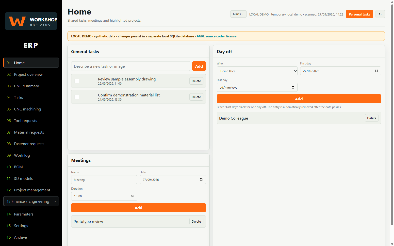 Synthetic ERP dashboard showing tasks, meetings and navigation
