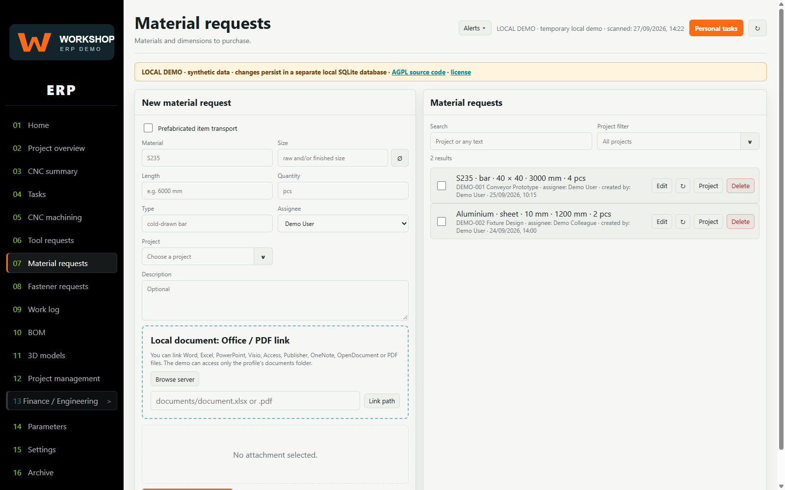Material request form and synthetic sample requests