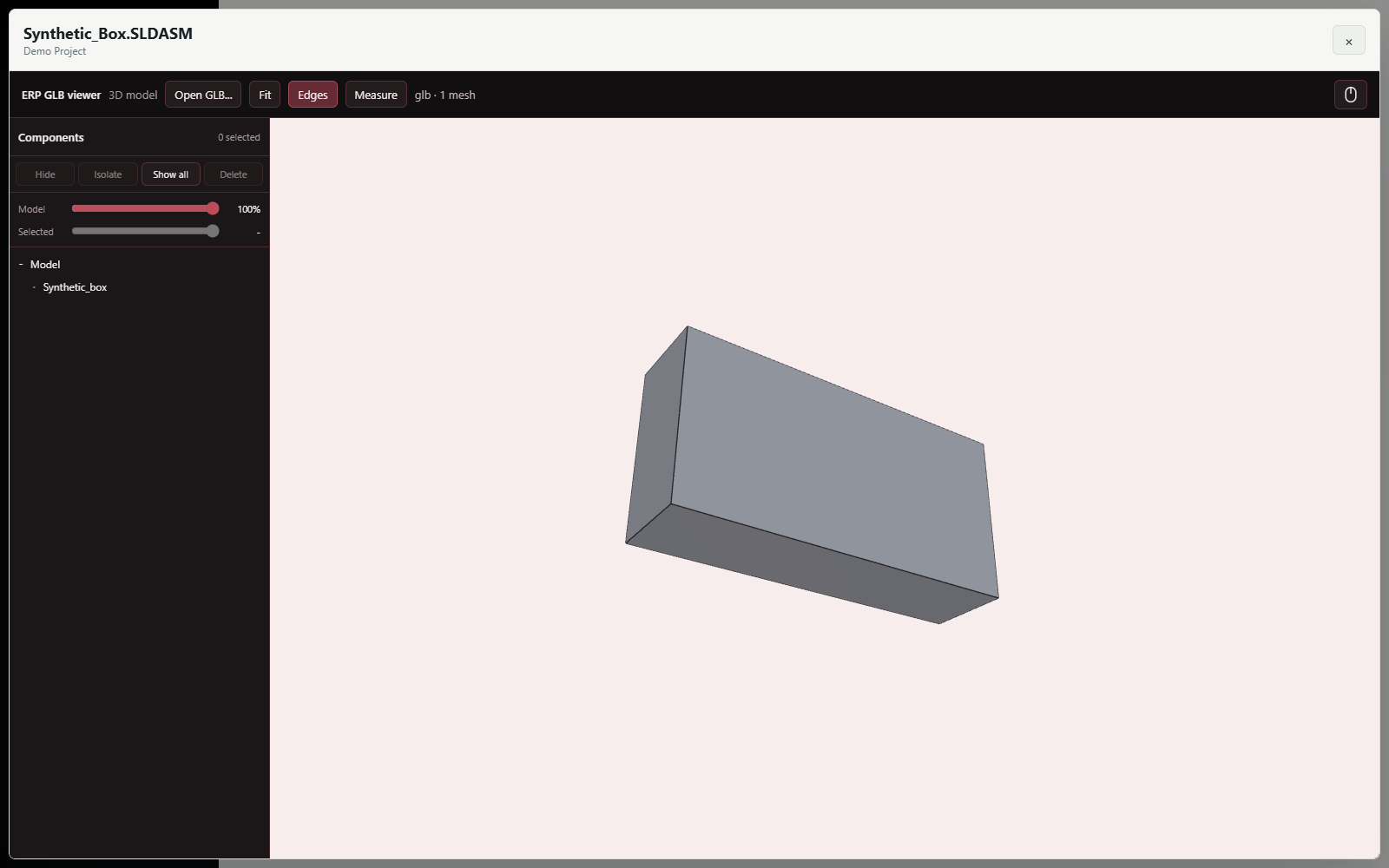 3D viewer displaying a synthetic box model
